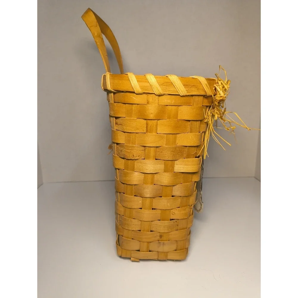 Vintage Woven Basket W Patchwork Quilt Square Flowers In Pot ~Handle, Raffia Bow